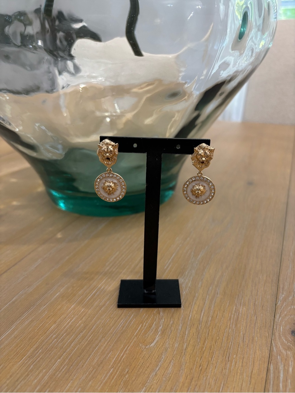 Gold Lion Head Drop Earrings with Crystal Halo Accent - Women's Jewelry
